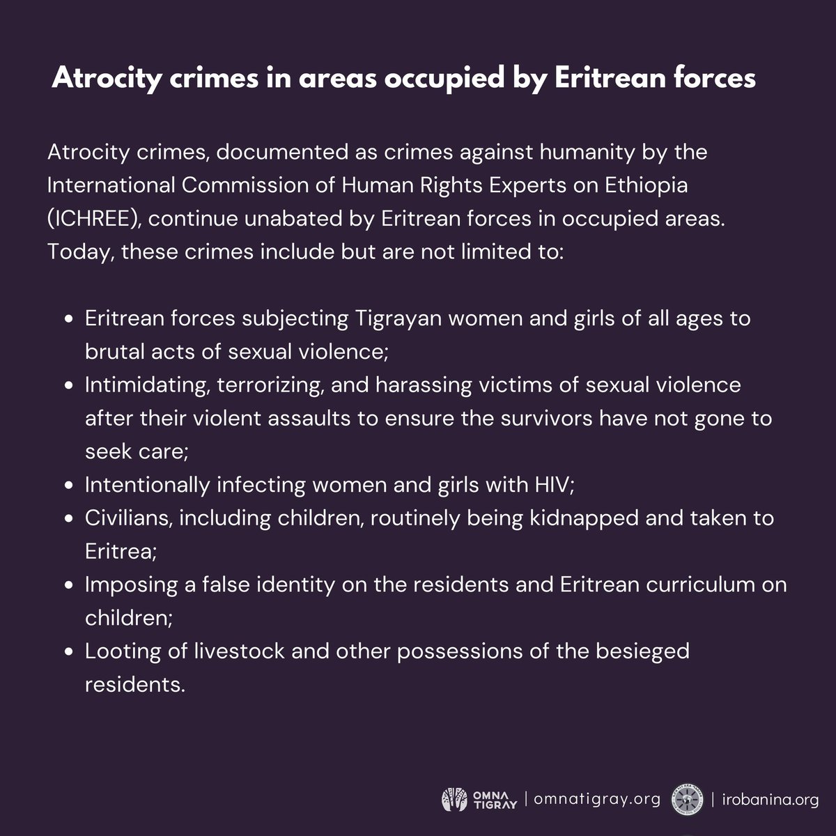 #UpholdThePretoriaAgreement #EritreanTroopsOutOfTigray #TigrayGenocide Atrocity crimes, documented as crimes against humanity by the International Commission of Human Rights Experts on Ethiopia (#ICHREE), continue unabated by Eritrean forces in occupied areas. Crimes include