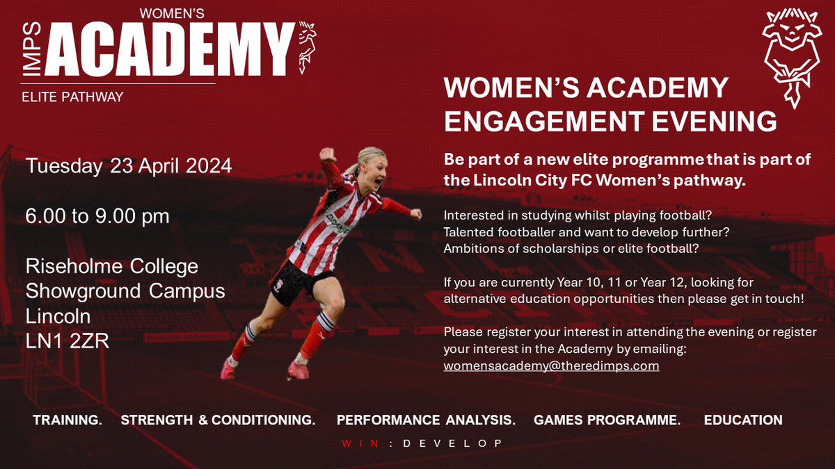 Great opportunity for female players aged 16-19 to join our new full-time Women’s Academy. If you require any more information please do not hesitate to contact me.