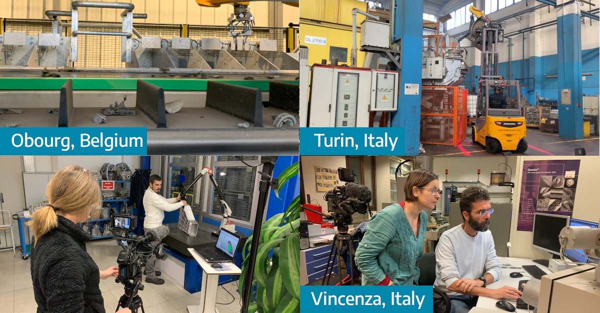 For #VideoProduction, we film at various places, each adding relevant info to the #video; like for the @SalemaEu project 🇧🇪Obourg: Sorting aluminium scrap based on chemical composition 🇮🇹Turin: Car part production using recycled alu 🇮🇹Vicenza: Engineer examining novel car part