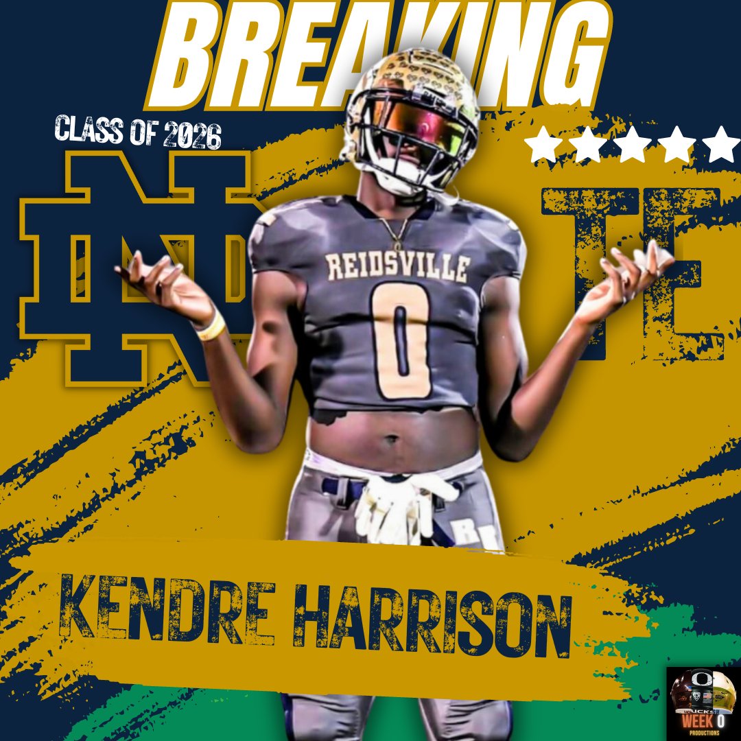 BREAKING: Consensus #1 TE in the Class Of 2026 5⭐ TE Kendre Harrison has listed Notre Dame as a member of his Top 15 School's List!👀☘️ Harrison is ranked as the #1 TE by every single recruiting site. The 6'7 243lbs TE is also a very talented basketball recruit as he holds