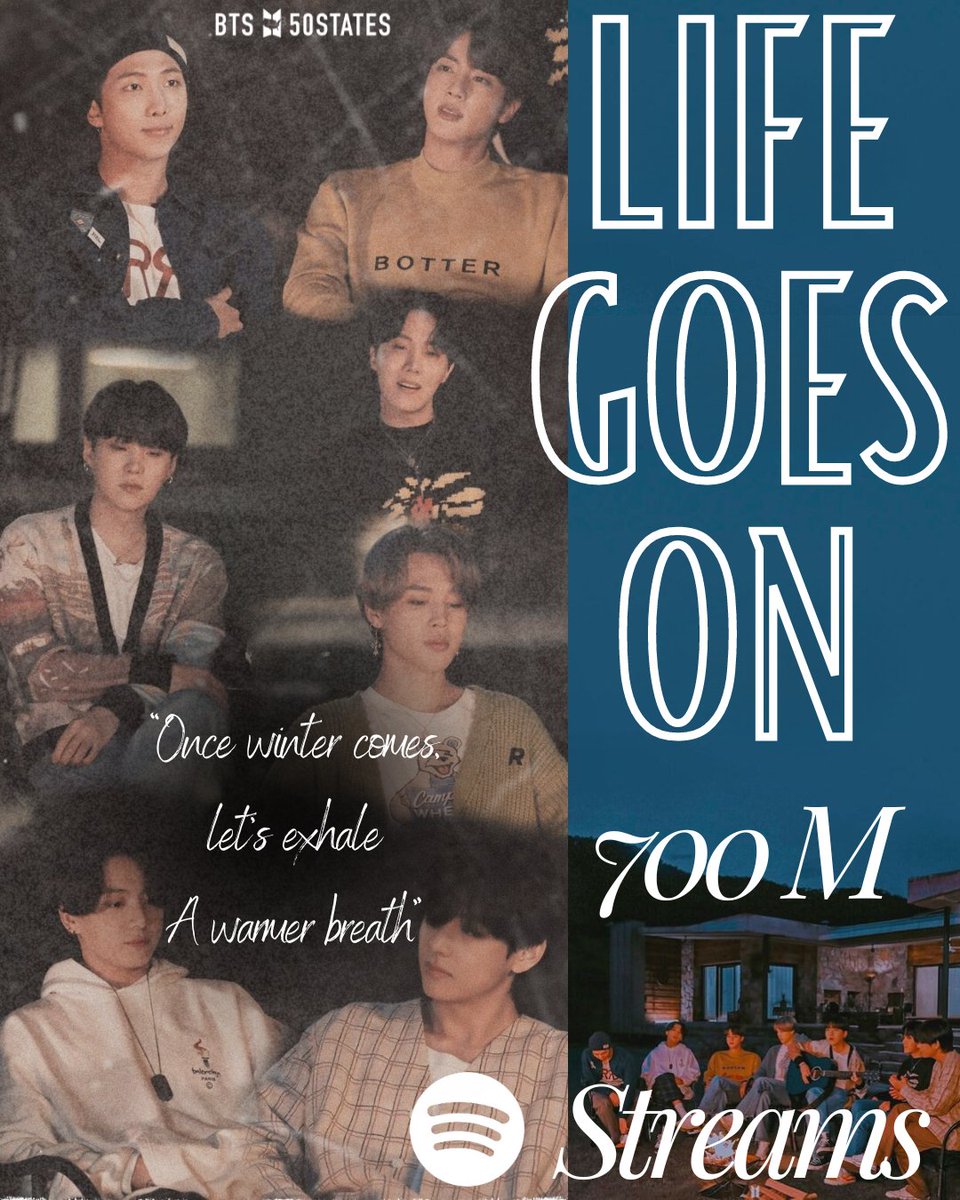 "Close your eyes for a moment, hold my hand to that future, lets run away" 

Together 💜 With BTS, always! 

Life Goes On reaches a new milestone! #BTS #BTSARMY we reached 700 Million #Spotify streams! Way to stream #ARMY keep it up! 

#LifeGoesOn700M