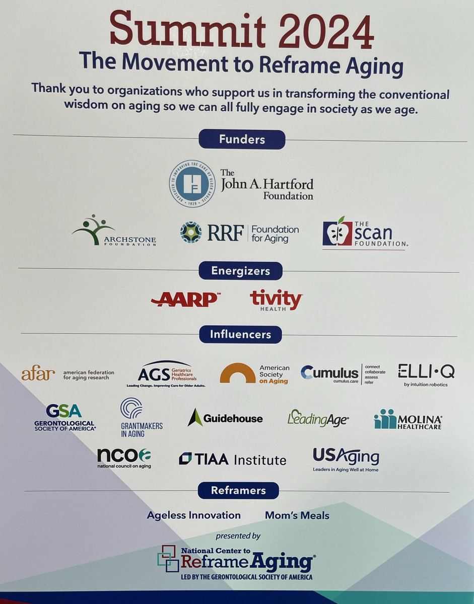ReframingAging's tweet image. Thank you, Summit partners! #reframingaging @johnahartford @ArchstoneFdn @RRFAging @TheSCANFndtn @AARP @TivityHealth @TIAAInstitute @Guidehouse @molinahealth @AFARorg @geronsociety @ASAging @GIAging @NCOAging @intuitionrobo @LeadingAge @AmerGeriatrics @theUSAging @momsmeals