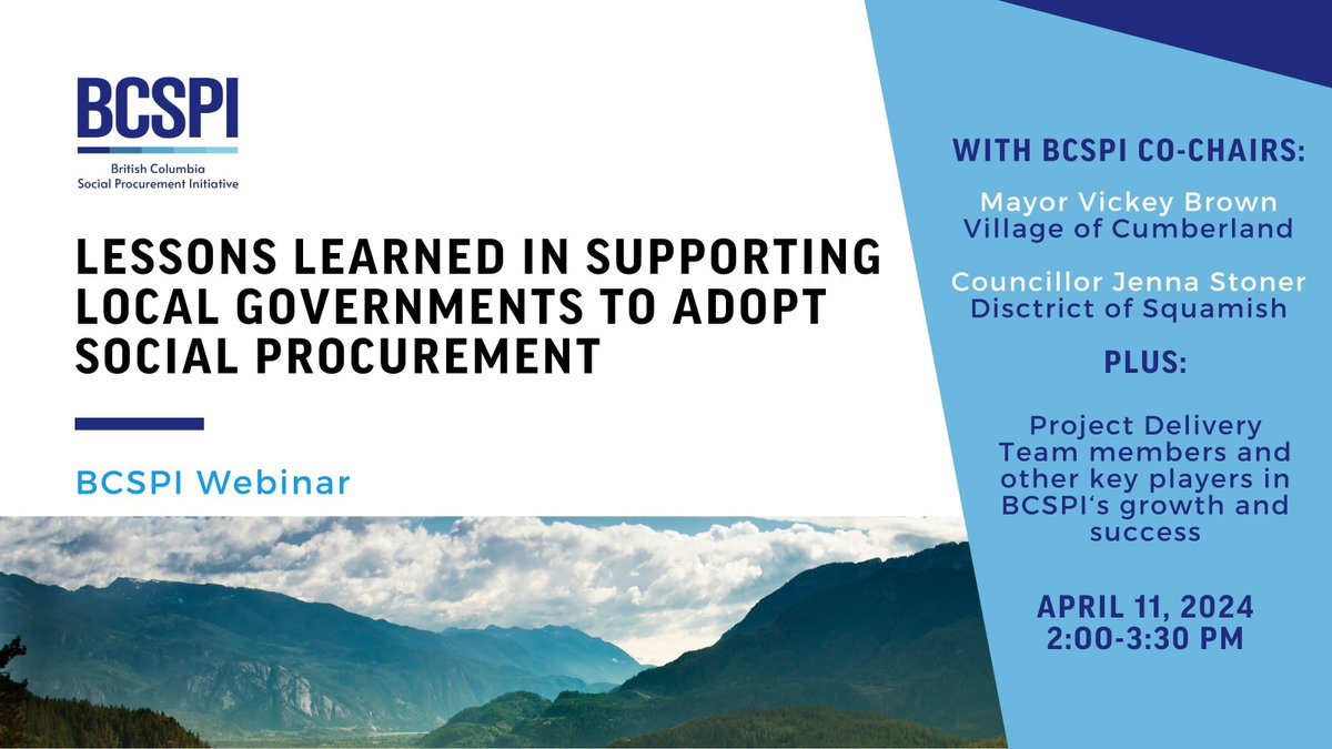 Join us tomorrow, April 11 for an engaging webinar to share learnings and successes from the first five years of the BC Social Procurement Initiative, which has helped over 40 local governments and institutions adopt social procurement. Register now: buff.ly/3TRLVWz