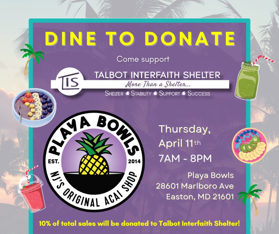 🍓🍉Good food for a great cause🍉🍓 TOMORROW, April 11th, is Dine & Donate day at Playa Bowls in Easton to benefit TIS! See you there! 🙌💖 #DineAndDonate #SupportLocal #GoTeamTIS

Too busy to stop by tomorrow? Donate safely and securely here 👉 bit.ly/3THAwtk