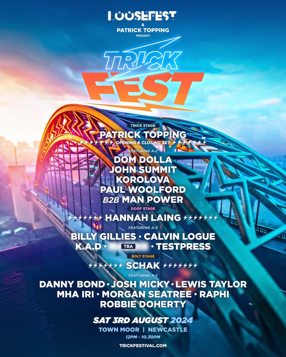 ⚡️⚡️ TRICK FEST ⚡️⚡️ Absolute buzzing to announce that I’ll be playing at @Patrick_Topping’s Trick Festival in Newcastle on 3rd August! The legend @HannahLaingDJ has invited me down to play on her Doof Doof stage! Can’t wait for this!!