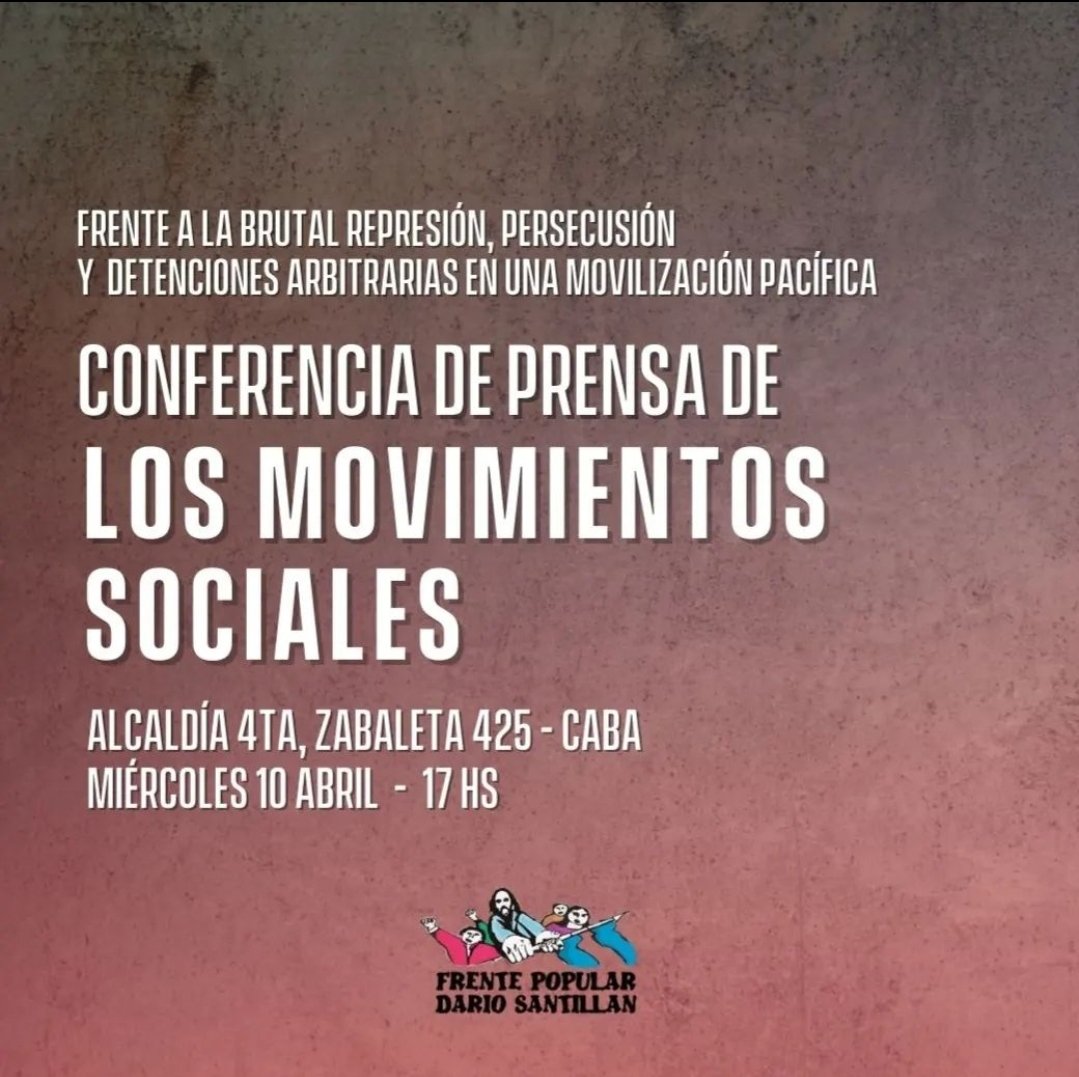 A las 17 hs conferencia de prensa de los movimientos sociales, frente a la alcaldía 4ta - Zabaleta 425 - CABA . 
Basta de hambre y represión a los y las que luchan. 
Libertad a todos los detenidos ya. 
El hambre es el límite.