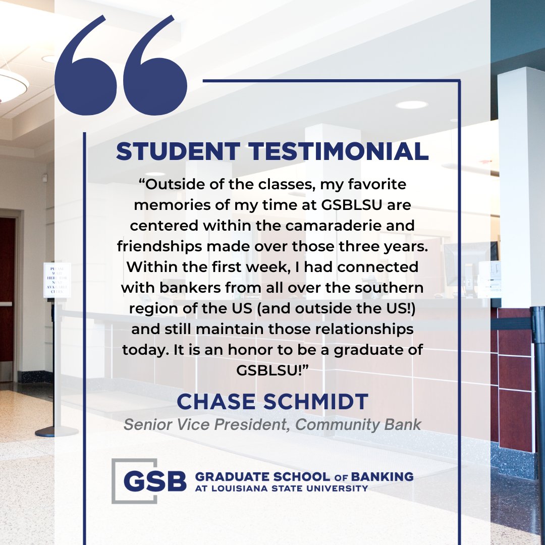 Our program isn't just about classes; it's about forging bonds with bankers from across the southern US and beyond. Become a GSB LSU student and enjoy a network that lasts a lifetime! hubs.ly/Q02lQWXf0
#gsblsu #banking #bankingeducation #continuingeducation