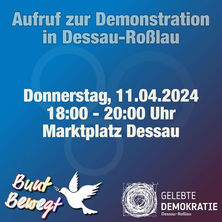 #LautGegenRechts 
#AfDVerbotjetzt 
#WirSindDieBrandmauer
#Niewiederistjetzt 
💥 Dessau-Roßlau 💥
