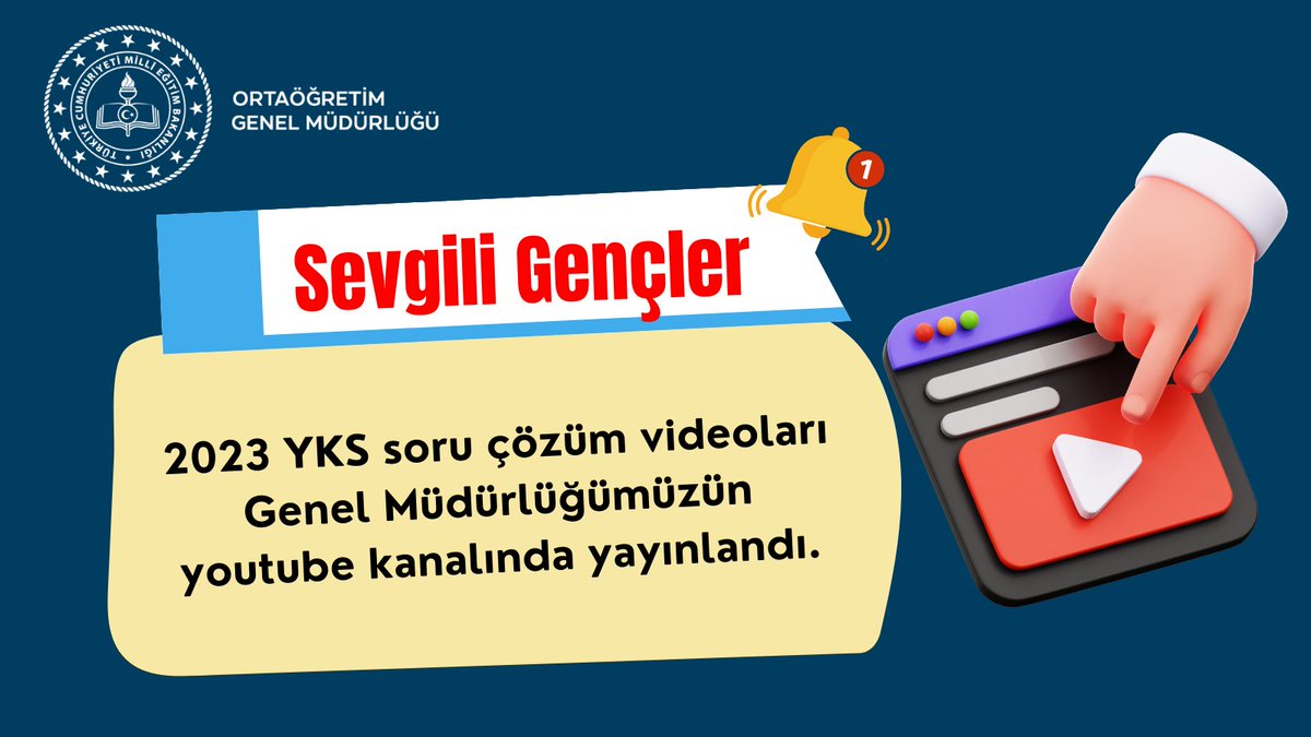 meb_ogm's tweet photo. 2023 YKS soru çözüm videoları Genel Müdürlüğümüzün YouTube kanalında yayınlandı. Aşağıdaki bağlantıdan ilgili sayfaya ulaşabilirsiniz. @tcmeb @meb_ogm 

👇2023 YKS Soru-Çözüm Video Sayfası:
https://t.co/dfZl3ig6In https://t.co/HWMhbVGMgh