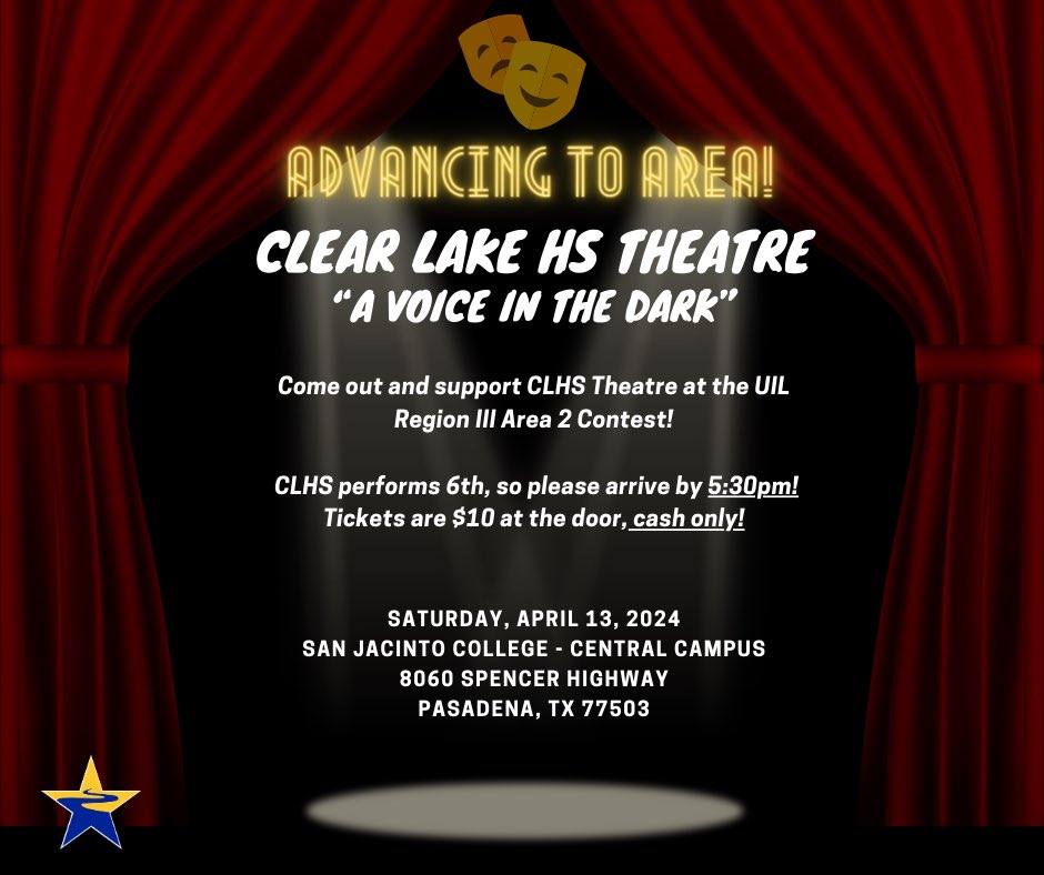 Come check out Clear Lake’s One Act Play performance at San Jan this Saturday for the Area One Act Play Contest!