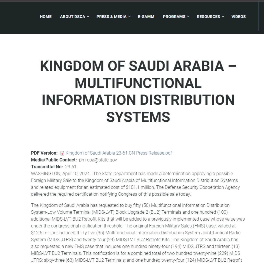 .@StateDept 🇺🇸 authorizes a proposed Foreign Military Sales #FMS case to 🇸🇦 #SaudiArabia for Multifunctional Information Distribution Systems and related equipment with an estimated cost of $101.1 million. tinyurl.com/m96hcmkh