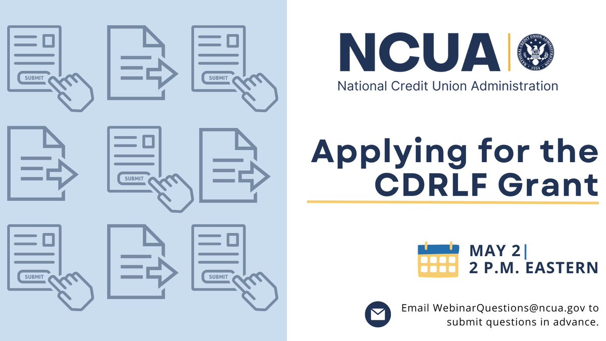 Applying for a Community Development Revolving Loan Fund grant? Low-income credit unions can register for the NCUA's upcoming webinar and get valuable information on the application process: go.ncua.gov/49CzdjX .