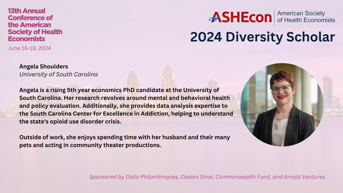 Congratulations to 2024 Diversity Scholarship recipient @AShouldersEcon, @UofSC_Econ. Learn more about the Diversity Scholarship here: ashecon.org/2024-san-diego… Sponsored by @DalioDotOrg, @CedarsSinaiMed, @CommonwealthFnd and @Arnold_Ventures