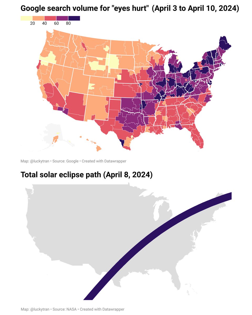 Fréquence des recherches dans Google pour 'j’ai mal aux yeux' (du 3 au 10 avril) et trajectoire de l’éclipse solaire du 8 avril 🙃