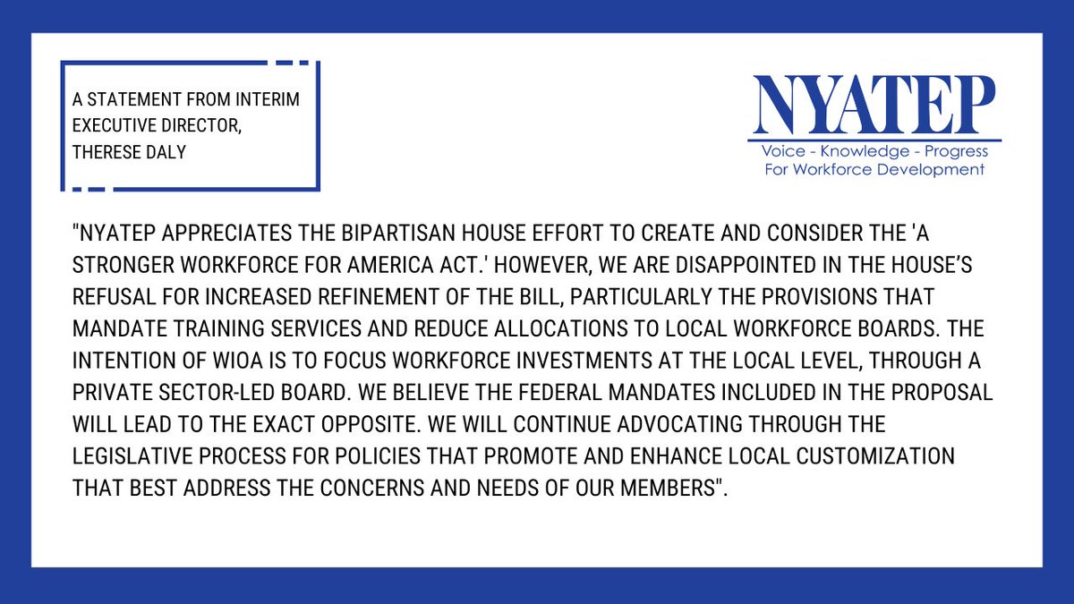 NYATEP'S Statement on the Passage of the Stronger Workforce for American Act