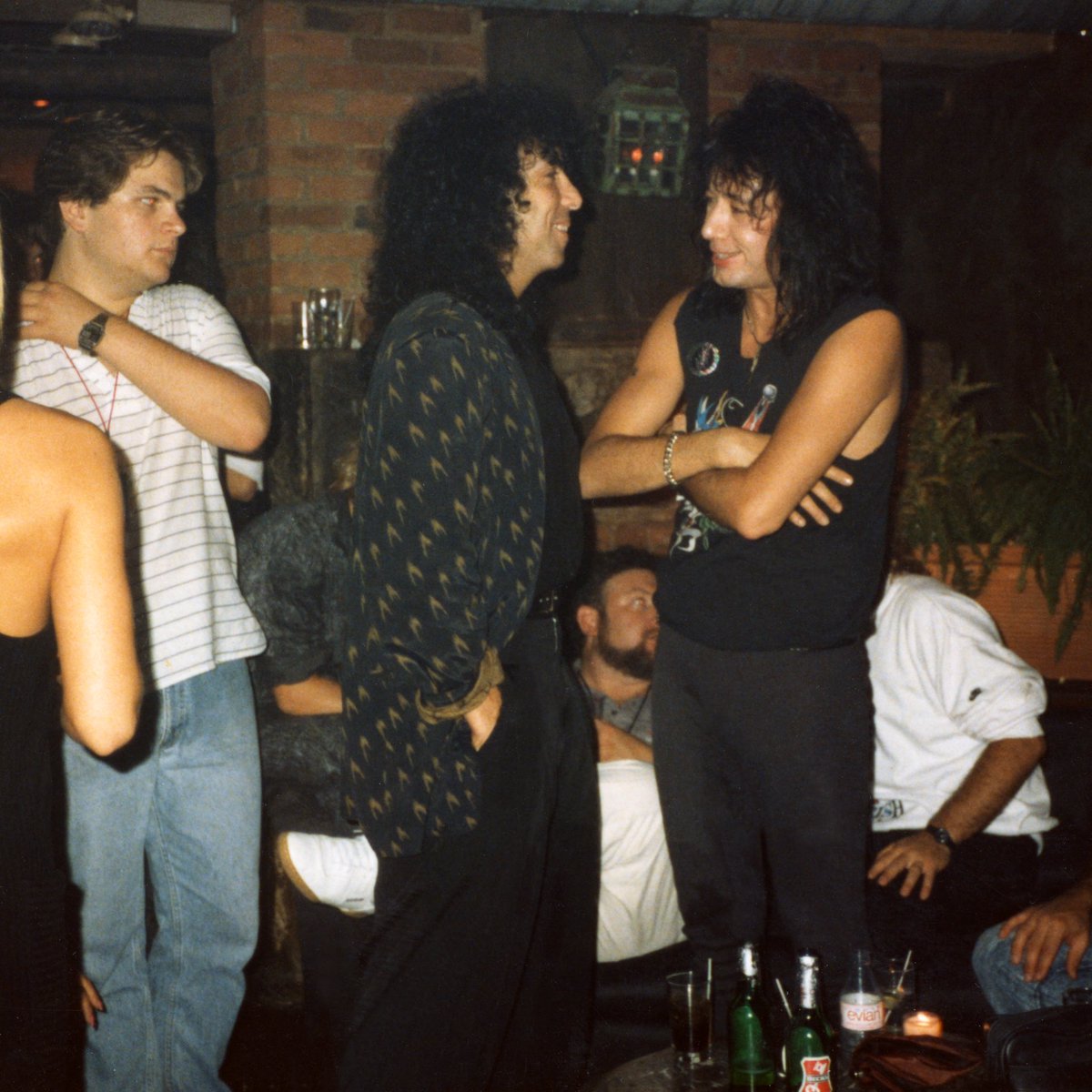 Wow! Never saw this photo before now. It was sent to me by Dave Snowden and taken by Lydia Criss. That’s a 23 year old me looking on as @ace_frehley & @PaulStanleyLive chat. I believe this was after Paul & Gene jammed with Ace at Limelight NYC. I was working with Ace at the time.