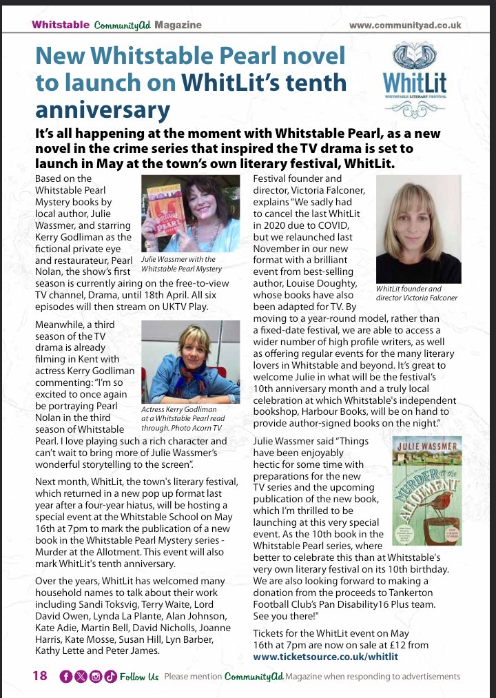 juliewassmer's tweet photo. Thanks to @CommunityAd Magazine for this piece on my Whitstable Pearl event at @whitstablelit on 16 May. WhitLit will now be selling books on the night so profits can go to the charity: @FCTankerton's Pan Disability 16 yrs plus team.😉£12 tks from https://t.co/8EJhUQ9WCd. Pls RT https://t.co/fMLIK8Zjer