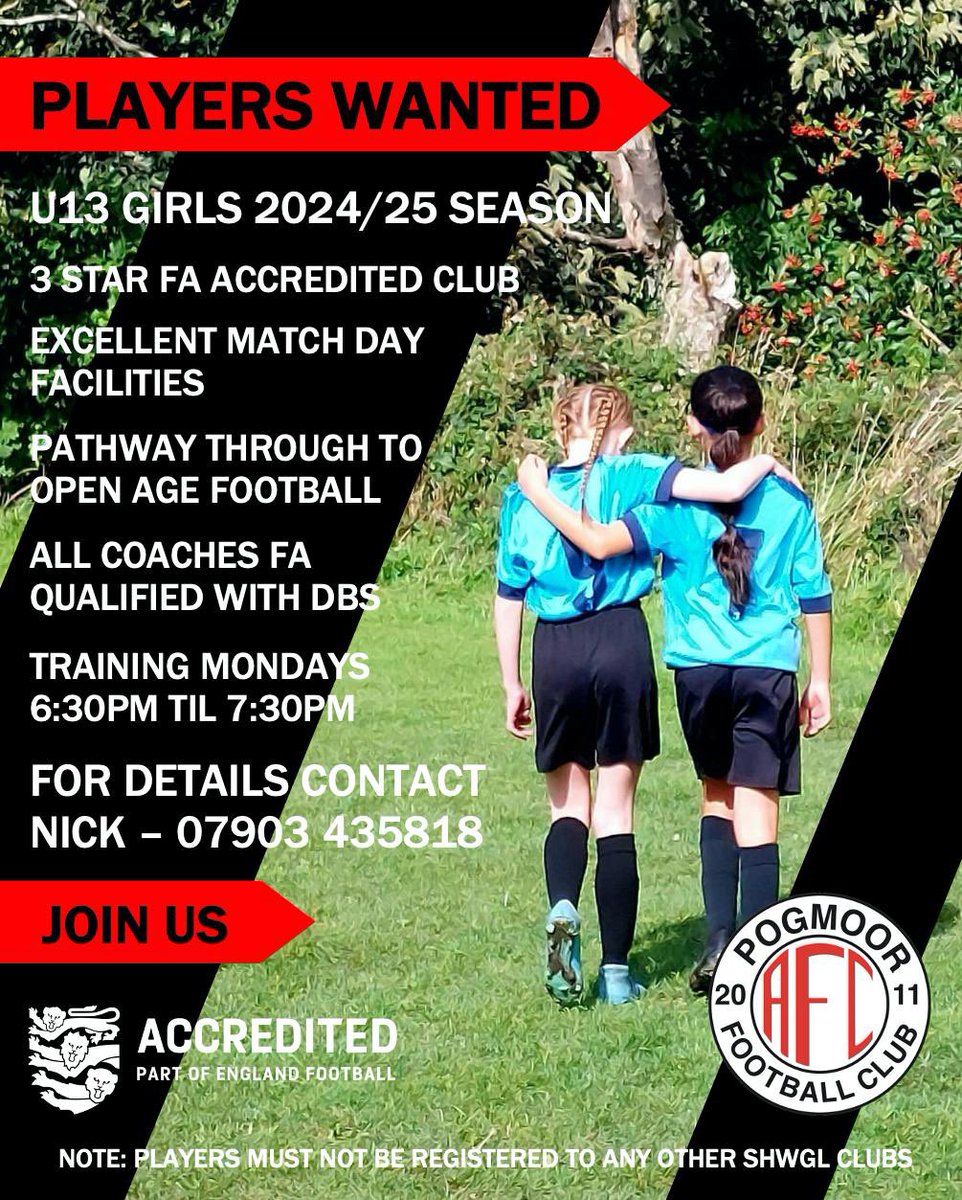 Our current U12 Girls, playing in the SHWGL Division 2 looking for players to add to their current squad for next seasons U13’s. For more details contact Nick on 07903 435818. Players must not be registered with any other SHWGL side.