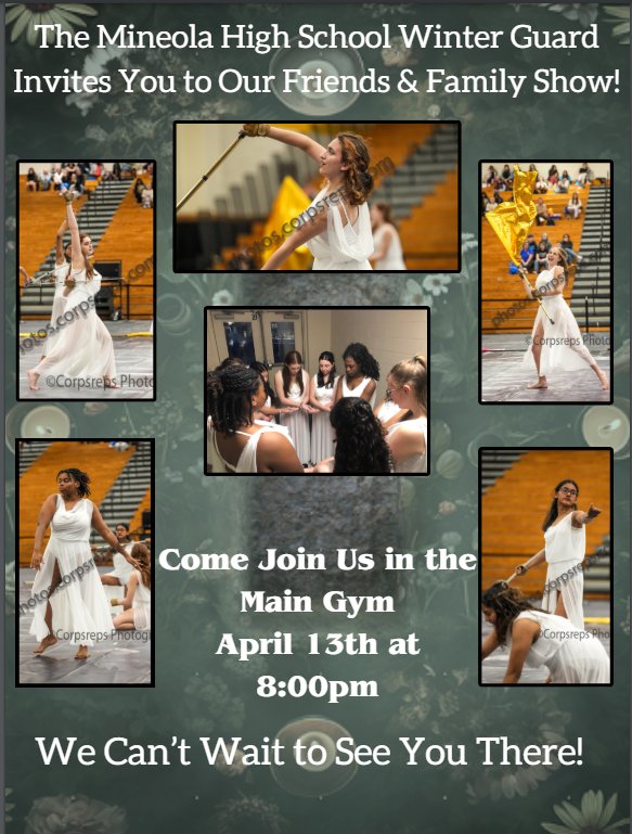 Mineola High School Winter Guard invites you to a free show this Saturday, April 13, at 8 pm at the Mineola High School gym.  It has been an incredible season, and it's a show you don't want to miss.  We wish them luck at the Championship at the end of the month.  <a href="/MineolaUFSD/">Mineola UFSD</a>