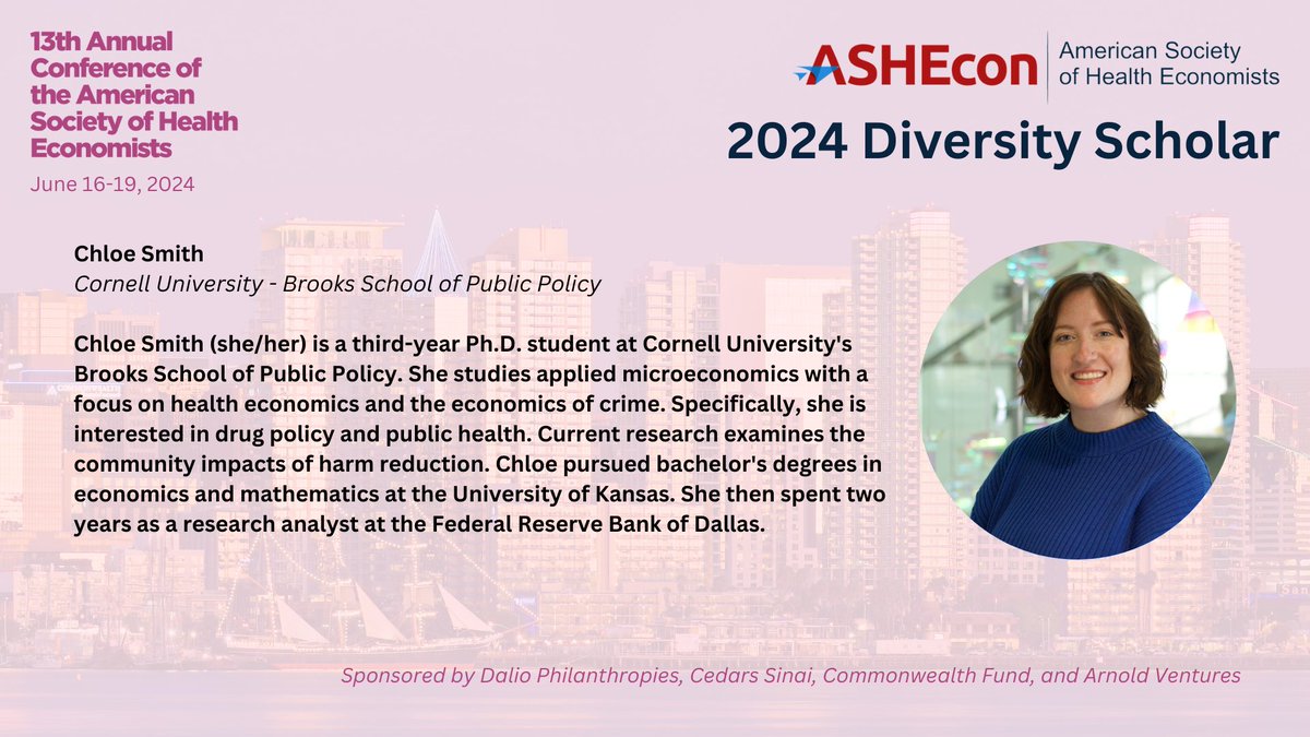 Congratulations to 2024 Diversity Scholarship recipient Chloe Smith, @Cornell @CornellEcon. Learn more about the Diversity Scholarship here: ashecon.org/2024-san-diego… Sponsored by @DalioDotOrg, @CedarsSinaiMed, @CommonwealthFnd and @Arnold_Ventures