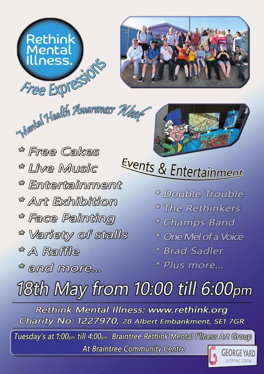 Please read &amp; please #RT Braintree <a href="/Rethink_/">Rethink Mental Illness</a> Art Group have a musical event for #MHAwarenessWeek on the 18th May in @GeorgeYard <a href="/BW_Times/">Braintree and Witham Times</a> <a href="/CStarCoop/">Chelmsford Star Co-operative</a> <a href="/BraintreeVill/">Braintree Village</a> <a href="/BDCchairman/">Chairman of Braintree District Council</a> <a href="/BBCEssex/">BBC Essex</a>  
@rachaelStone15 <a href="/wearescrummy/">Something Scrummy</a> X