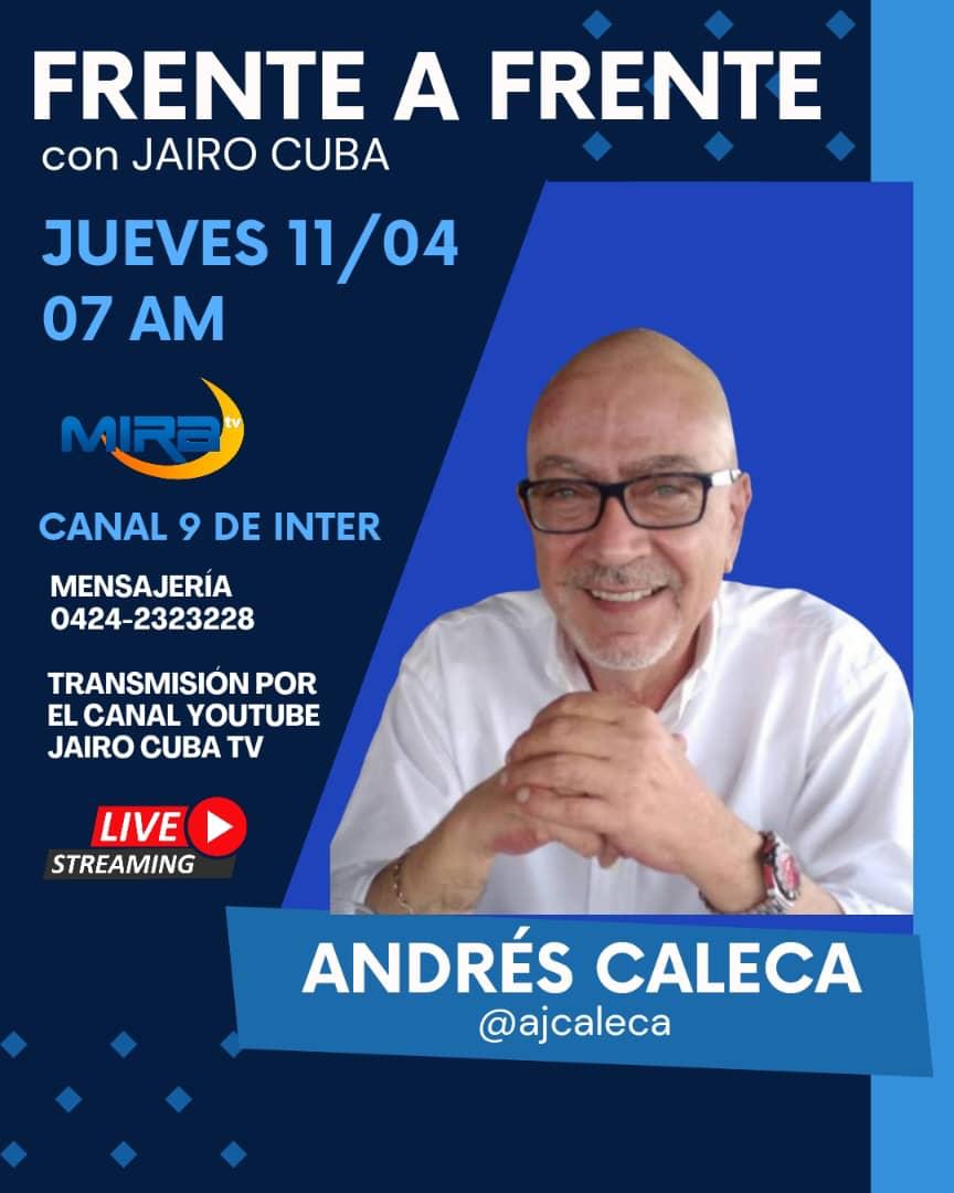 Esto es mañana jueves. Frente a Frente con Jairo Cuba, @jaircuba. Los invito.