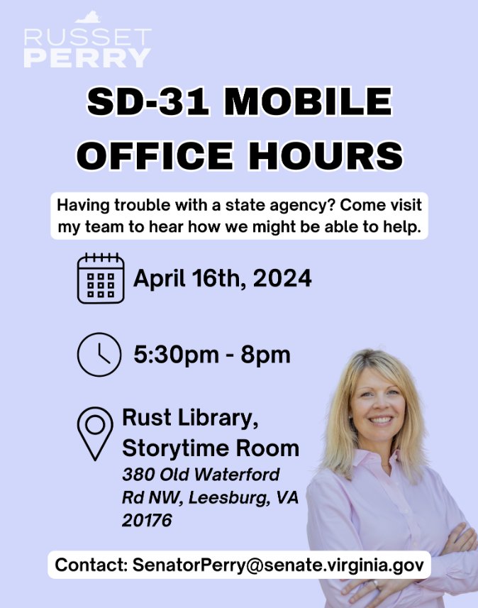 Mark your calendar to join my Constituent Services Director on April 16th at Rust Library in Leesburg for our first mobile office hours! You can always learn more about how our office can assist you with state agencies here: russetperry.com/constituent-se…