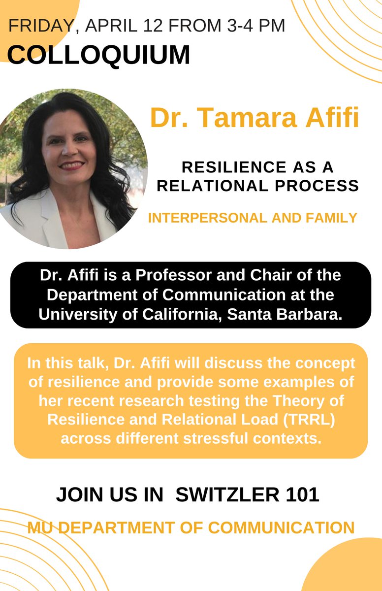 We are very excited to have Dr. Tamara Afifi with us this Friday (4/12) to speak on her research surrounding resilience as a relational process! You won't want to miss it. Switzler Hall at 3pm.