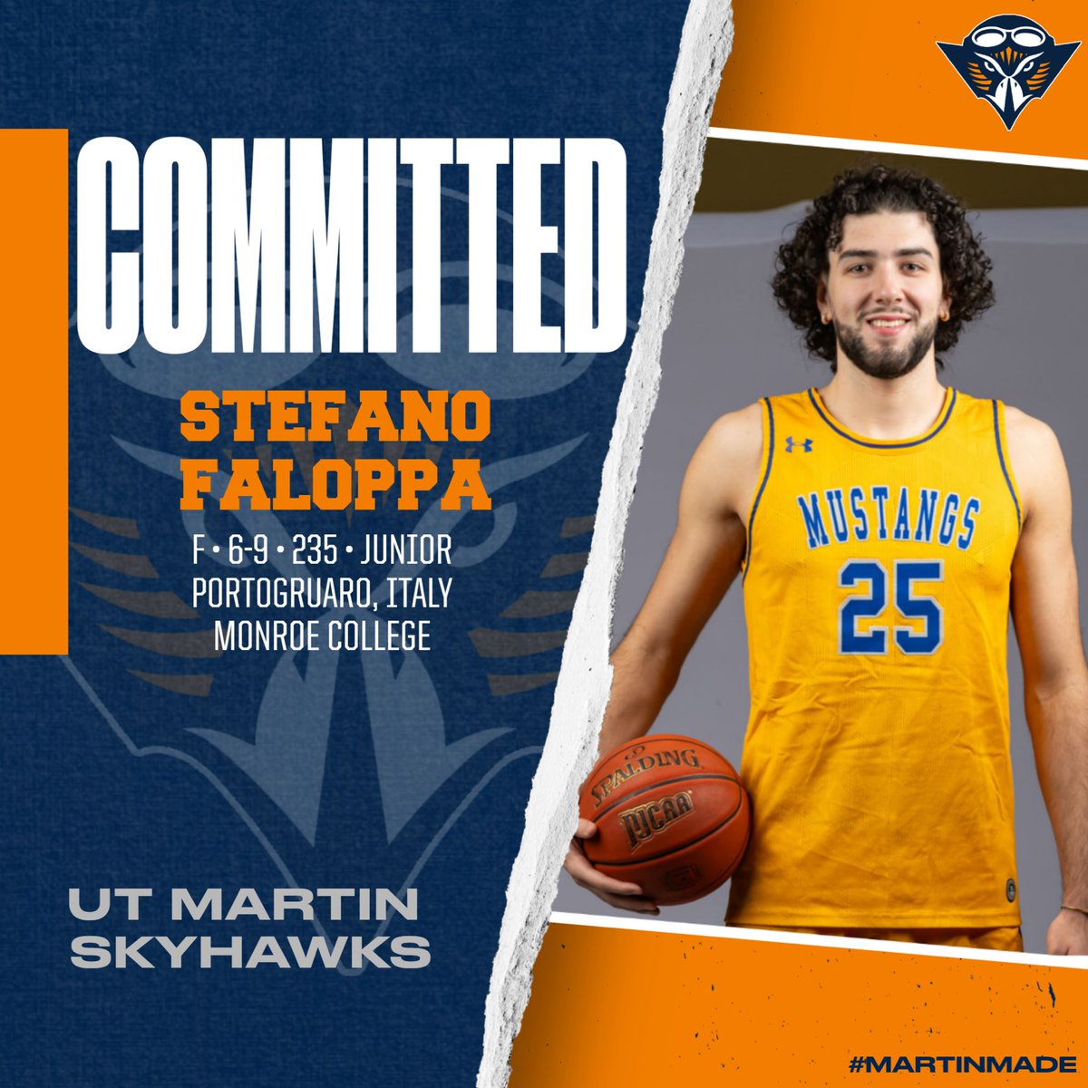 🇮🇹 Stefano Faloppa has committed to UT Martin JUCO transfer with 2 to play. The 6-ft-9 forward avg'd 10.5 PPG and 6.2 RPG for Monroe this season. Third Euro commit from JUCO for coach Jeremy Shulman