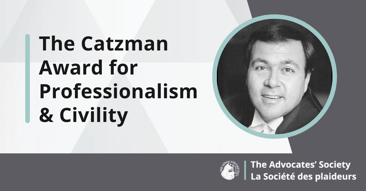 Advocates_Soc's tweet photo. Nominations are open for The Catzman Award for Professionalism and Civility. This prestigious annual award recognizes advocates who have demonstrated integrity, generosity of time &amp; civility in the practice of law. Nominate a deserving advocate by May 27. https://t.co/yQUMbbvxsu https://t.co/oWCSMzOOyj