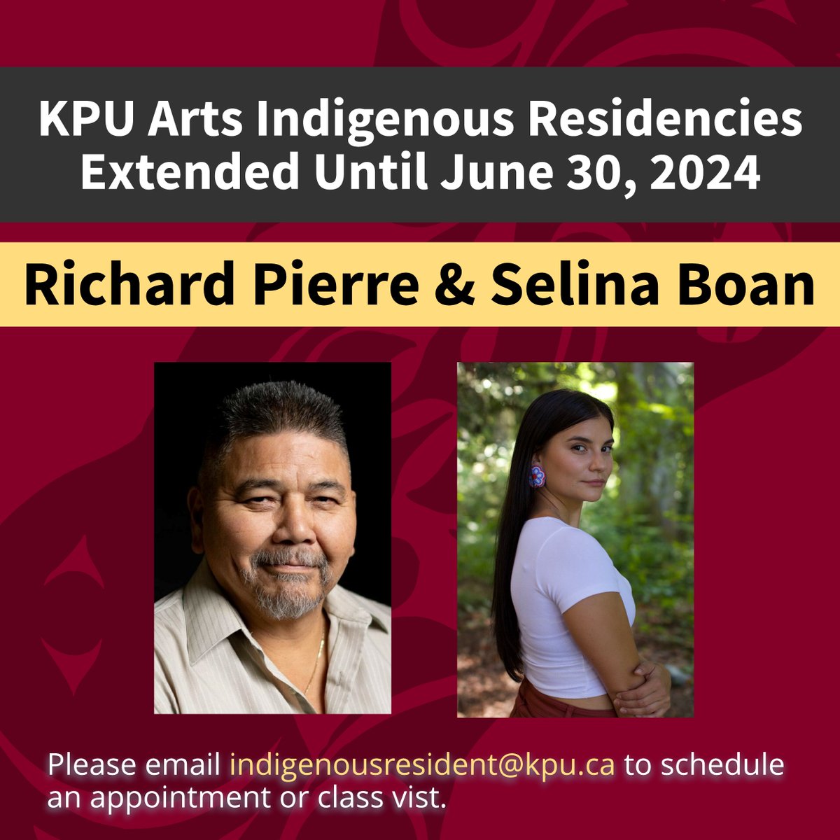 Indigenous Knowledge Keeper in Residence, Richard Pierre, and Indigenous Writer in Residence, Selina Boan have had their residencies extended until June 30, 2024! Email IndigenousResident@kpu.ca to schedule an online consultation or invite them to attend a class or event.