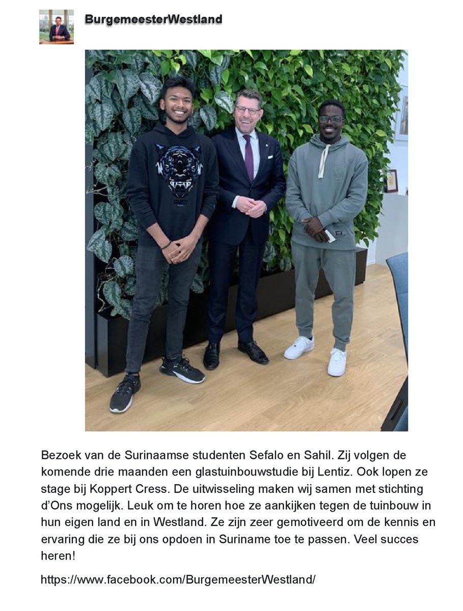 Stichtingdons's tweet photo. Stichting d'ONS en Gemeente Westland maken het mogelijk dat 2 agro-studenten in Nederland komen studeren. Een diepte investering voor de landbouw in #Suriname. @rjpbaan  @RijkZwaan  @koppertcress @enzazaden @minlnv https://t.co/Cnq1bxaos4