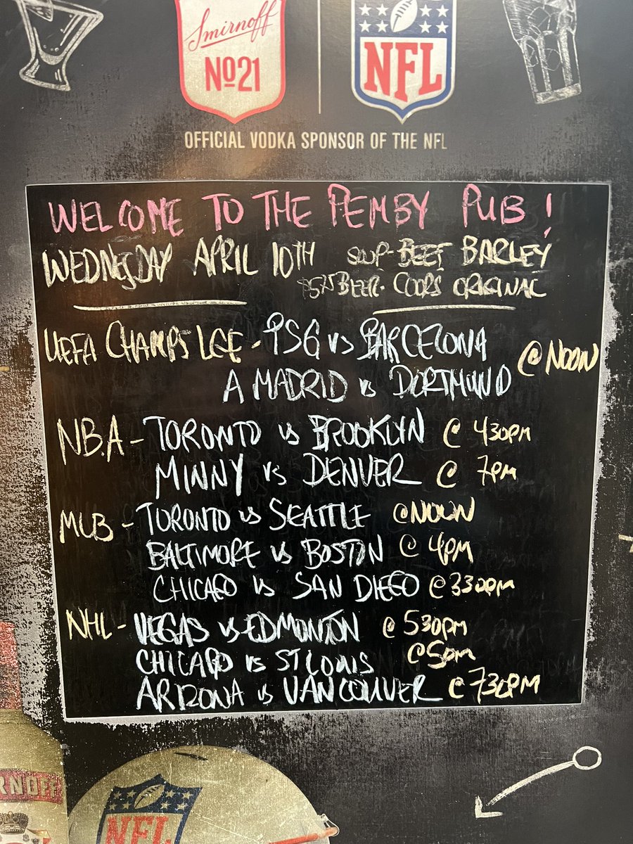 A great day to visit @ThePembyPub Our soup is Beef Barley. Join us for @ChampionsLeague action at noon @NBA with @Raptors at 4:30pm @MLB with @BlueJays at noon @NHL with @Canucks at 7:30pm #pembypub #NorthVan #yourteamplaysatthepemby
