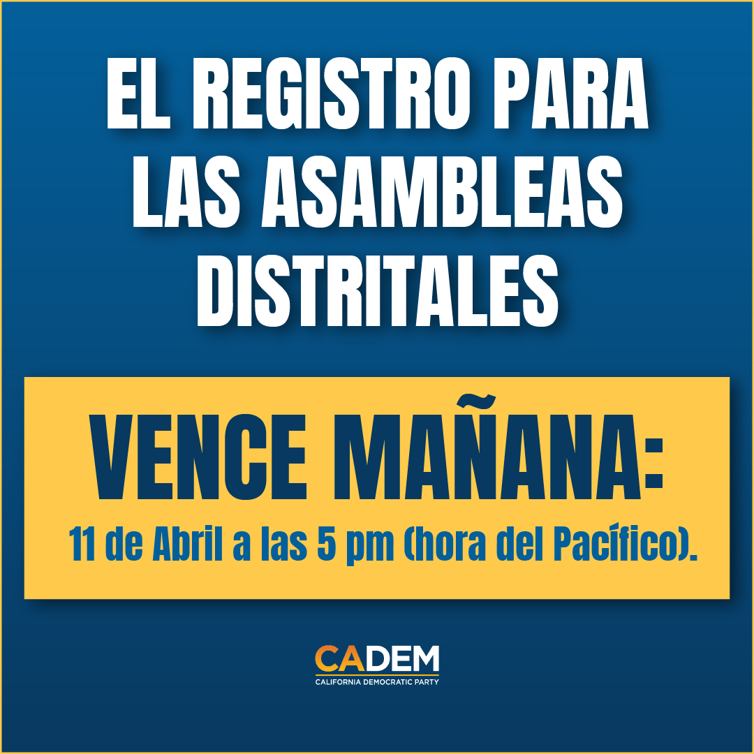 El formulario de registro para las Asambleas Distritales cierra MAÑANA, 11 de abril a las 5 pm Los Delegados Distritales electos representarán a California en la Convención Nacional Demócrata de 2024 en Chicago, Illinois. #DNC2024 Regístrate en cadem.org/chicago-delega….