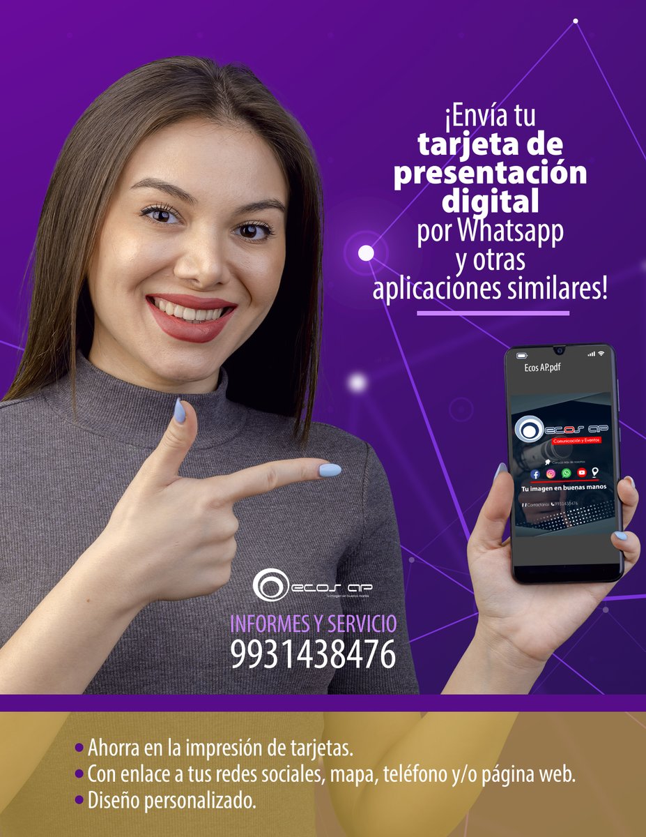 ECOSAP's tweet image. Diseñamos tu tarjeta de presentación digital.
¡Podrás enviarla por WhatsApp!
Con enlaces a tus redes sociales, mapa, teléfono y/o página web.
Informes y servicios
Ecos AP 9931438476