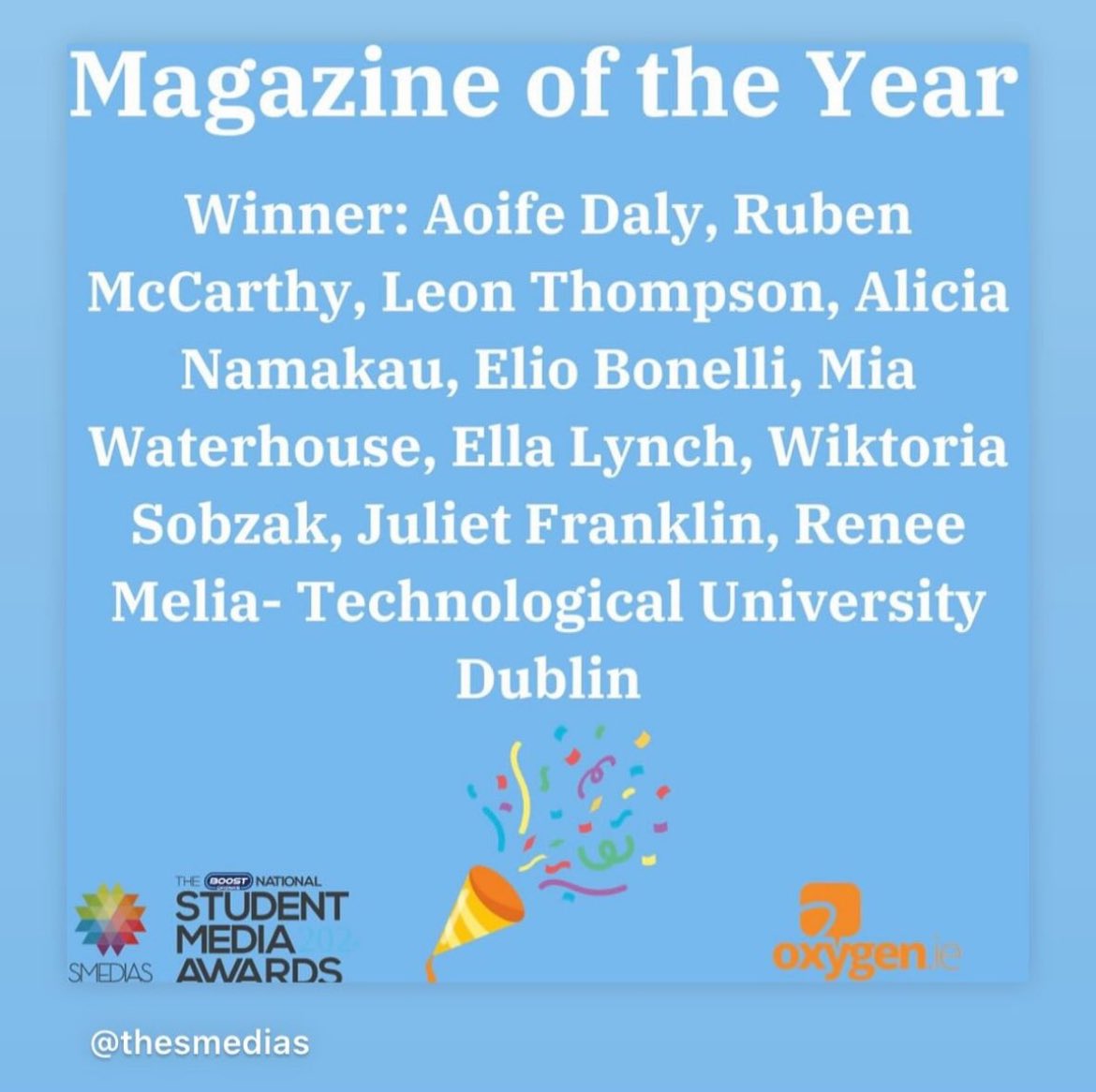 Magazine of the year congratulations to the 4th year Journalism students