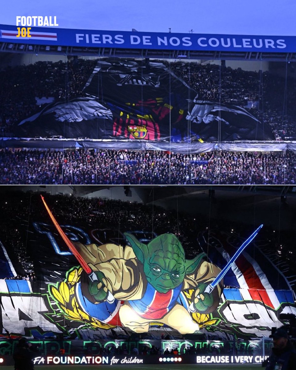 Darth Vader in a Barça scarf and Yoda in a PSG shirt... The tifos from the PSG fans tonight are insane 👏🔥