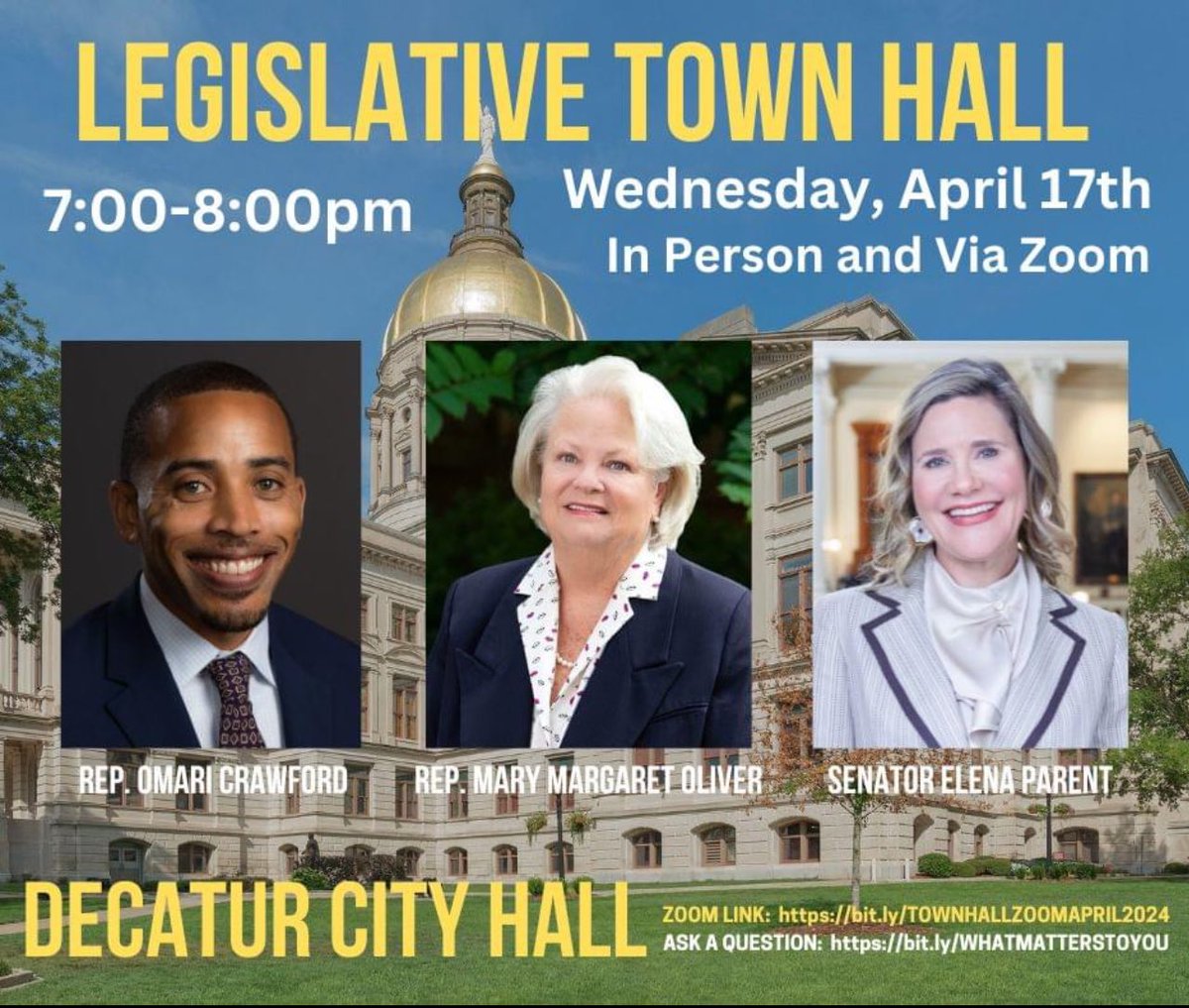 Join me, @VoteForOmari, and @mmo_mary in person or on Zoom Wed., 4/17 at 7 pm at Decatur City Hall for a recap of the legislative session and a discussion of election season issues! #gapol Send us your questions at bit.ly/WHATMATTERSTOY… Attend by Zoom: bit.ly/TOWNHALLZOOMAP…