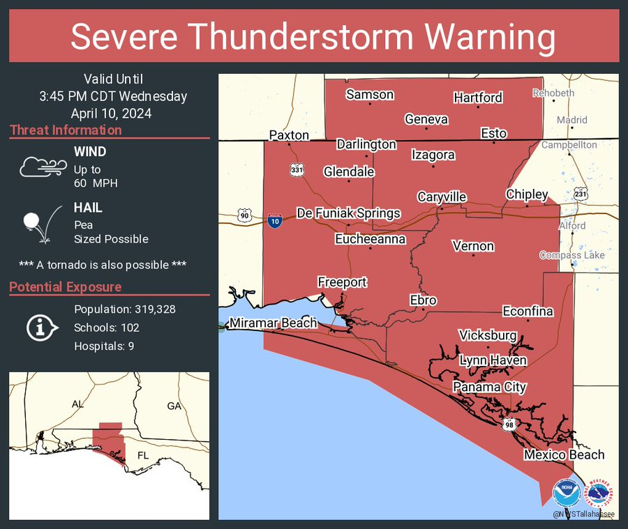 First #SevereThunderstormWarning with #Tornado possible in this #TornadoWatch for #PanamaCityFL,#PanamaCityBeach,#MexicoBeach,#LynnHaven,#MiramarBeach,#DeFuniakSprings cities
#Wxtwitter #SPC #SevereWX #Hail #Wind #FLwx #Wxx #ALwx #SevereThunderstorm #Florida #Alabama