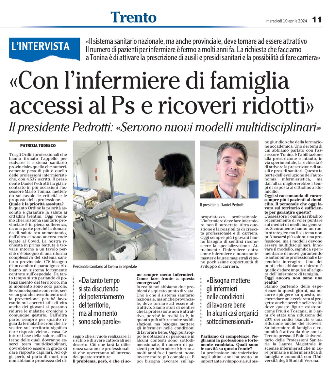 Intervista al presidente OPI Trento @dpedrottitn su @giornaleladige del 10 aprile 2024 #infermieri #salute