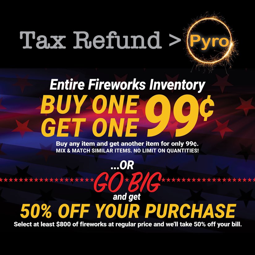 KeystoneFirewks's tweet image. Turn that tax refund into some pyro. All fireworks are Buy One, Get One for 99 cents.

keystonefireworks.com/all-fireworks-…