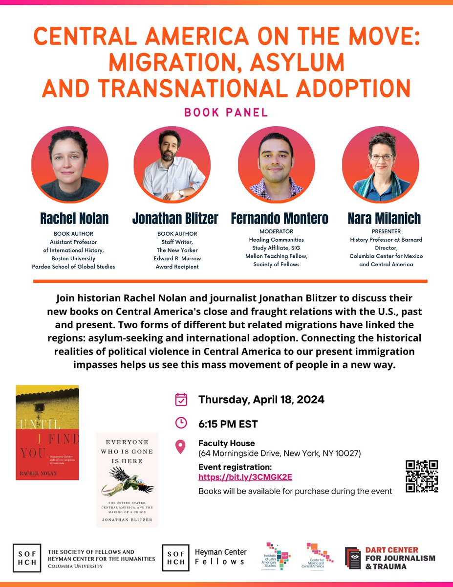 NYC Thursday April 18

I will be presenting my new book
with <a href="/JonathanBlitzer/">Jonathan Blitzer</a> presenting HIS new book

and comments/discussion by Fernando Montero and <a href="/NaraMilanich/">Nara Milanich</a> 

Homecoming to New York!

<a href="/sofheyman/">SOF/Heyman at Columbia University</a> <a href="/ILASColumbia/">ILAS | Columbia University</a> @DartCenter <a href="/cemeca_columbia/">CeMeCA | Columbia University</a>