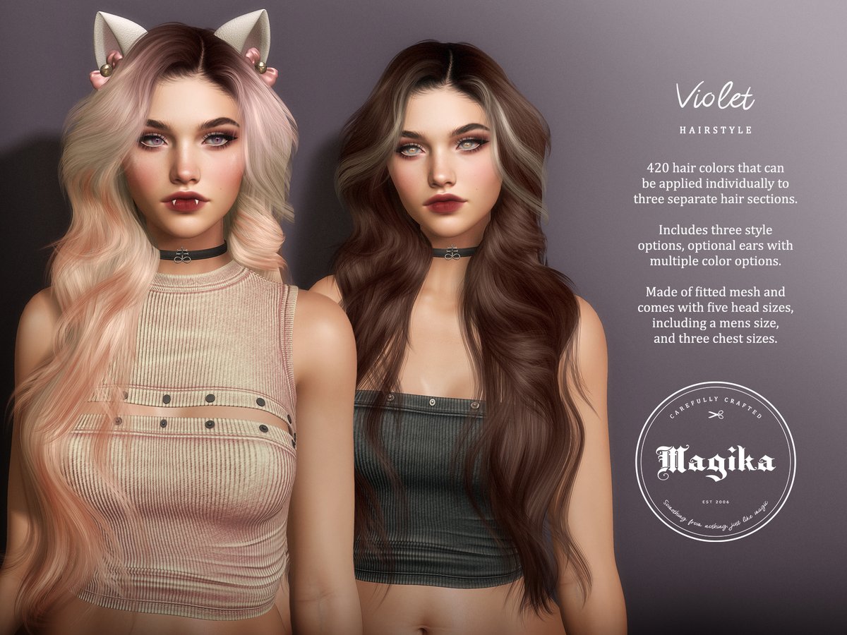 New hairstyle Violet out now at Equal10. It comes with 3 style options, and some cute cat ears in multiple colors. Visit the store, or the event, to try a free demo ♥

Event: maps.secondlife.com/secondlife/equ…

#magika #magikahair #secondlife #secondlifeshopping #secondlifehair #equal10