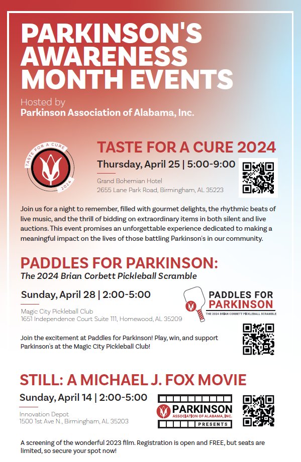 Save the dates for these #ParkinsonsAwarenessMonth events coming up from the Parkinson Association of Alabama!