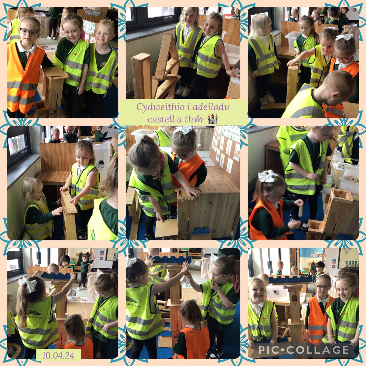 Criw o ddysgwyr Dosbarth Broga🐸 yn cydweithio i adeiladu castell allan o flociau pren 🏰
A group of Dosbarth Broga 🐸 learners working together to build a castle using wooden blocks 🏰