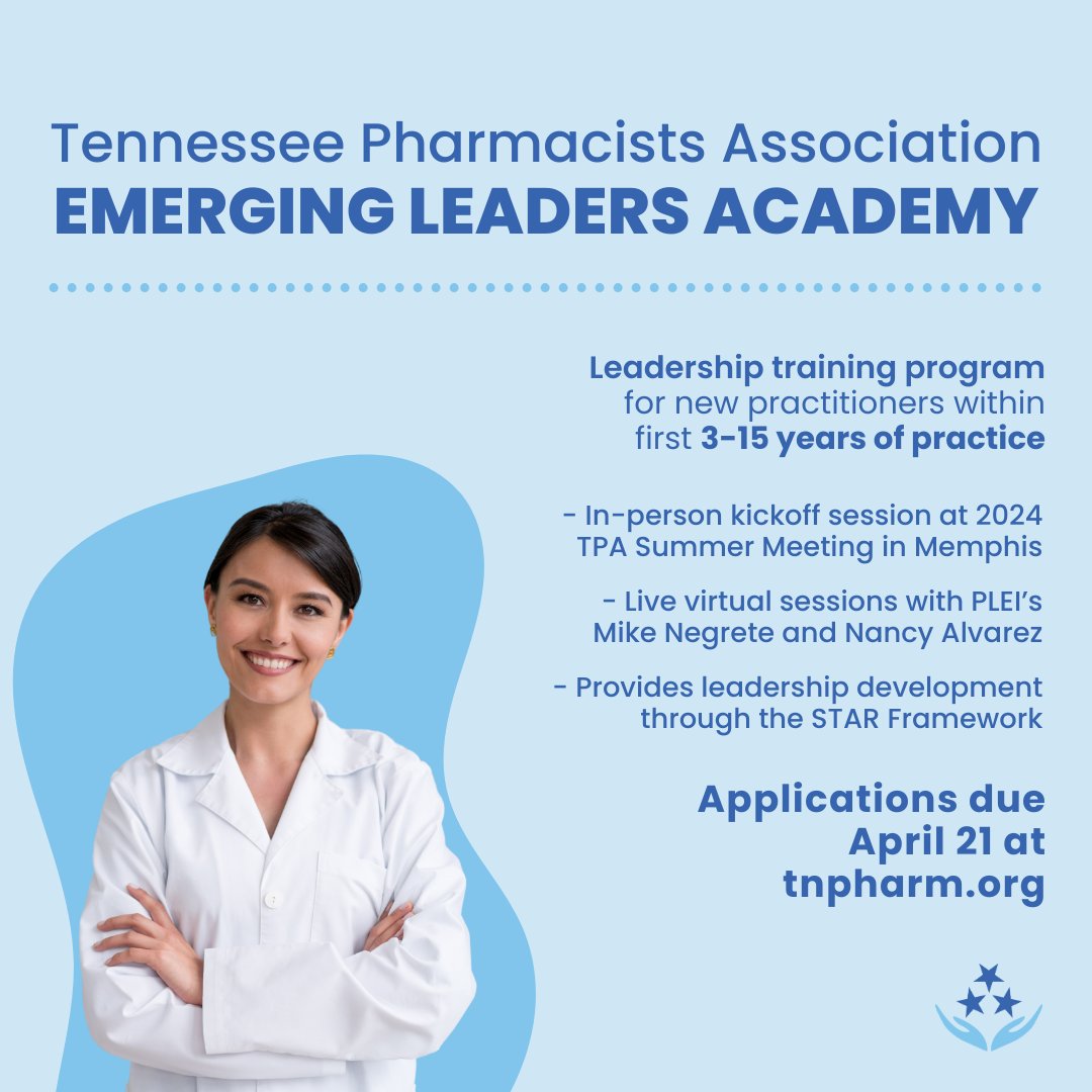 Attention new practitioners!📣 Grow your leadership potential through the TPA Emerging Leaders Academy, designed in partnership with the Pharmacy Leadership & Education Institute (PLEI). Learn more and apply by April 21 at bit.ly/49rreXb!