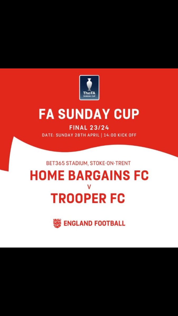 Tickets Details for our @FASunday_Cup final v @TrooperFC_ To be played @stokecity 28/4/24 tickets.stokecityfc.com/en-GB/events/t… Let’s get as many as possible to the game to get behind the Lads @bbcmerseysport @LivEchonews @homebargains @LBHPremier @HousesLiverpool @Liverpool_CFA