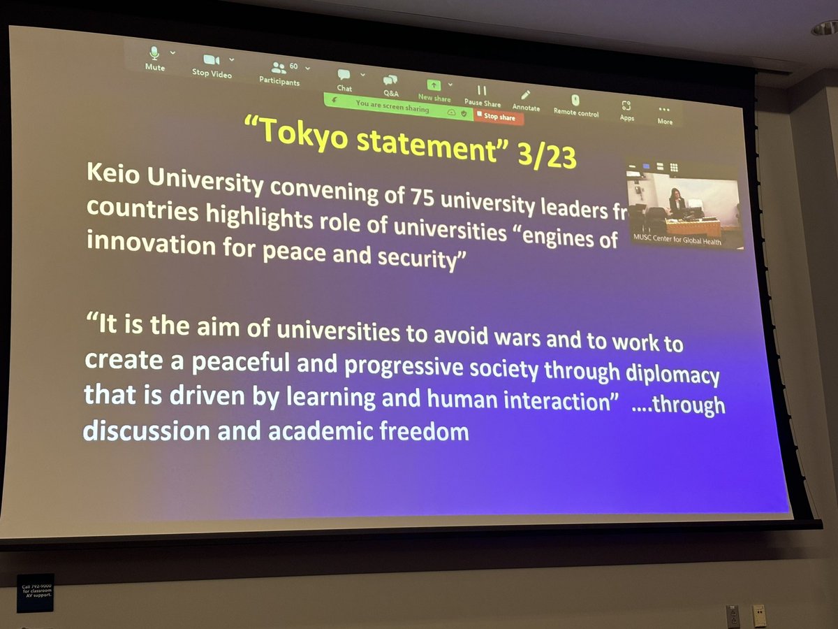 In her Global Health Week talk at #MUSC, Dr Reynolds discussed the role of universities in addressing war. It was a thoughtful review of different approaches. I commented on why the ‘slow lane’ approach👇🏾could be dangerous when lives of civilians are @risk. @Yara_M_Asi @Harvard
