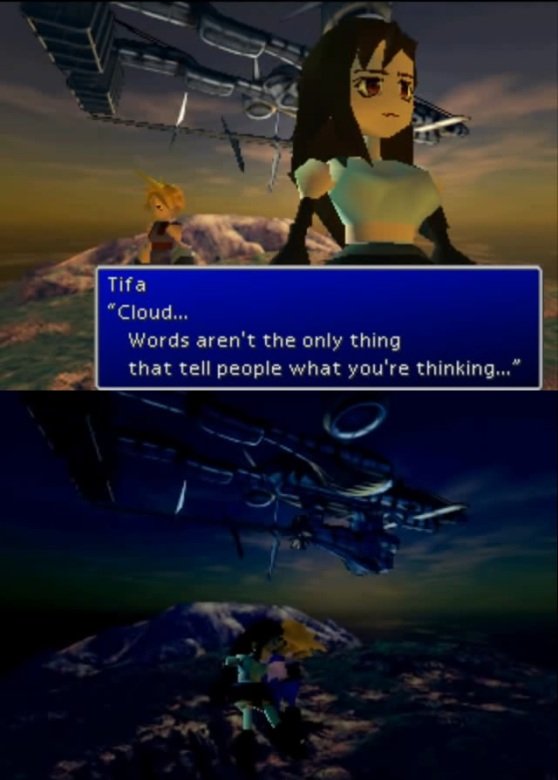 #Highwindcloti
'Under the Highwind' isn't just some replaceable otome game nonsense, it's the culmination of 2 characters who have been through hell and back for each other realizing their mutual feelings for each other, and showing it. It's the emotional climax of FF7 and to-