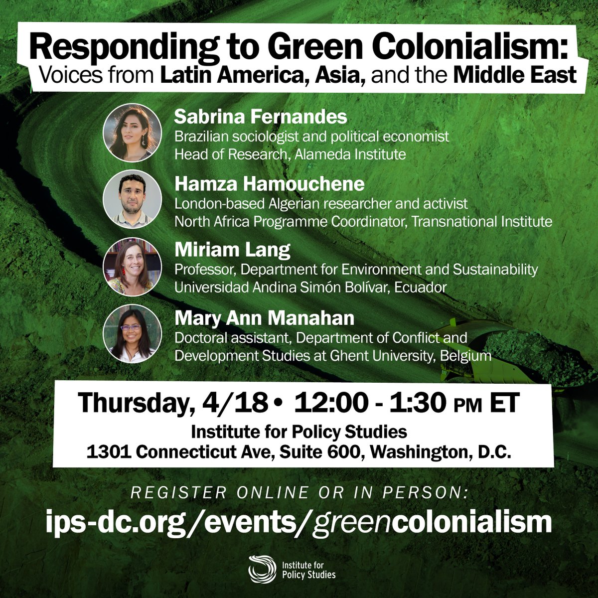 How do we address the climate crisis without repeating the colonialism that caused it? Next week, join panelists: 🎙️ @safbf, @alamedainst 🎙️ @BenToumert, @TNInstitute 🎙️ Miriam Lang, @uasbecuador 🎙️ @criticalcommon, @ugent Mod. by @BasavIPS. Register: ips-dc.org/events/greenco…